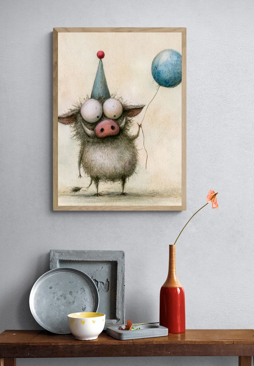 Whimsical Pig Balloon Illustration Poster. — room view 3