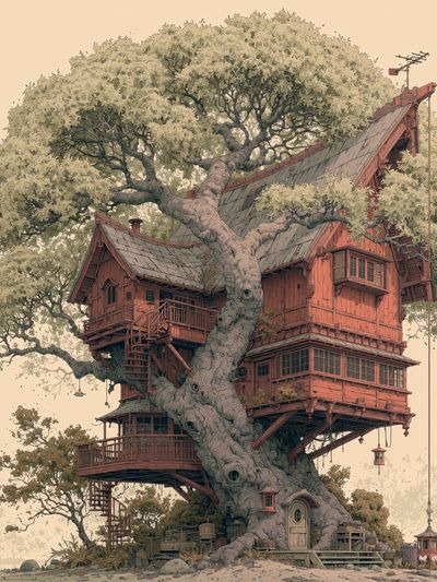 Enchanted Treehouse Illustration Poster. poster