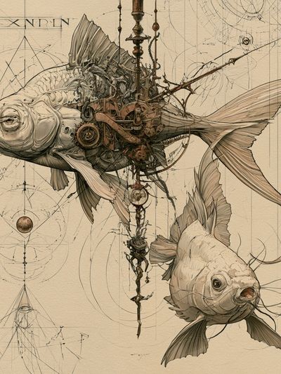 Steampunk Koi Illustration Poster.