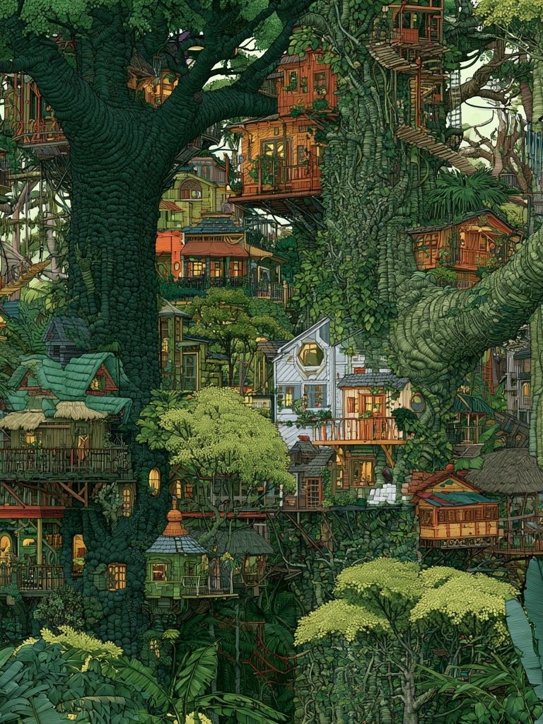 Enchanted Tree Village Illustration Poster. poster detail