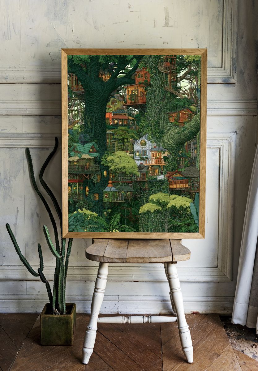 Enchanted Tree Village Illustration Poster. — room view 1
