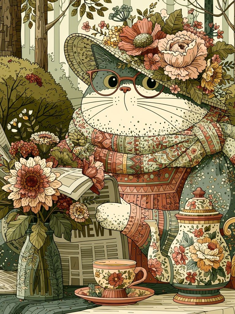 Floral Cat Tea Party Illustration Poster. poster — illustration art