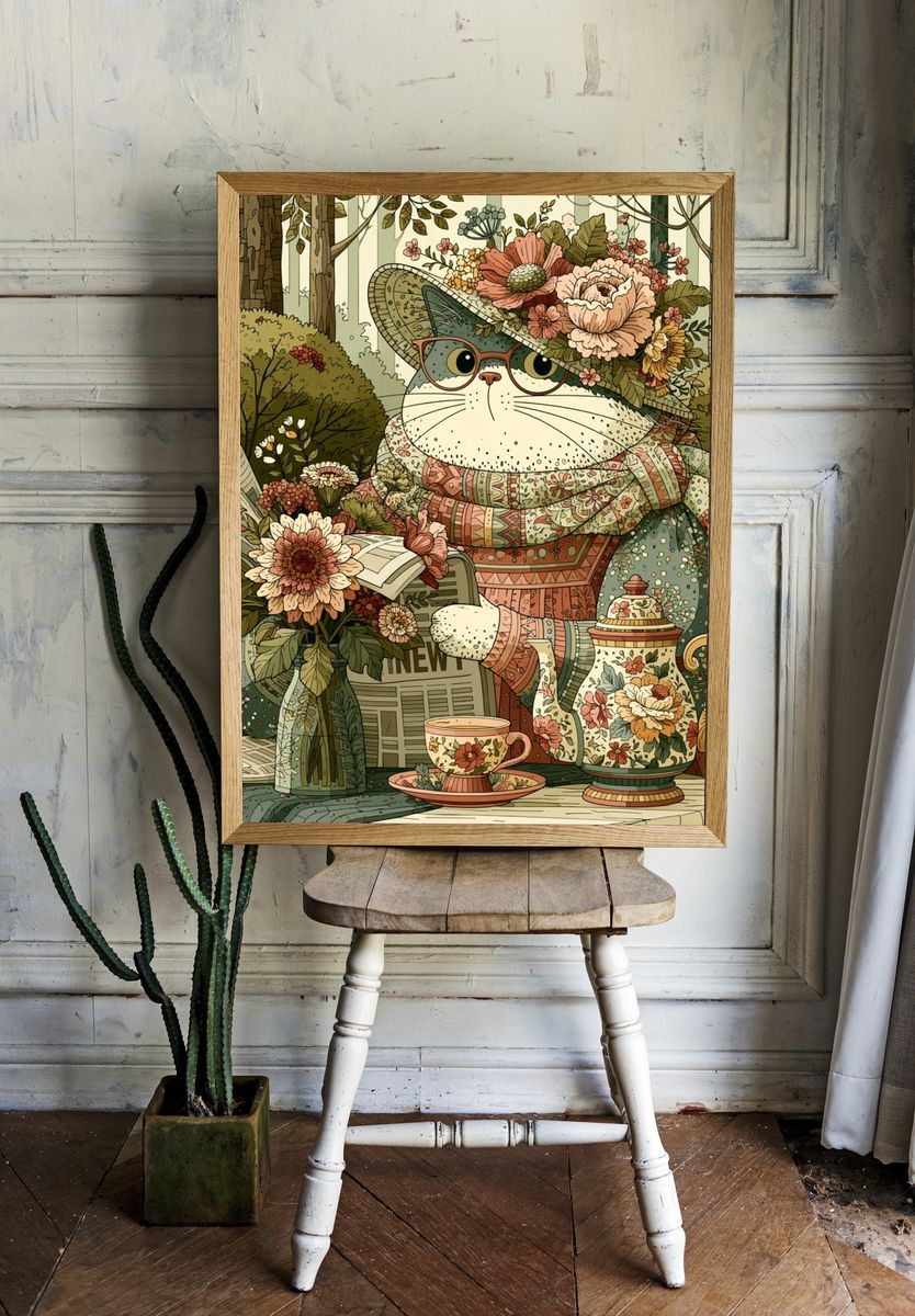 Floral Cat Tea Party Illustration Poster. — room view 1