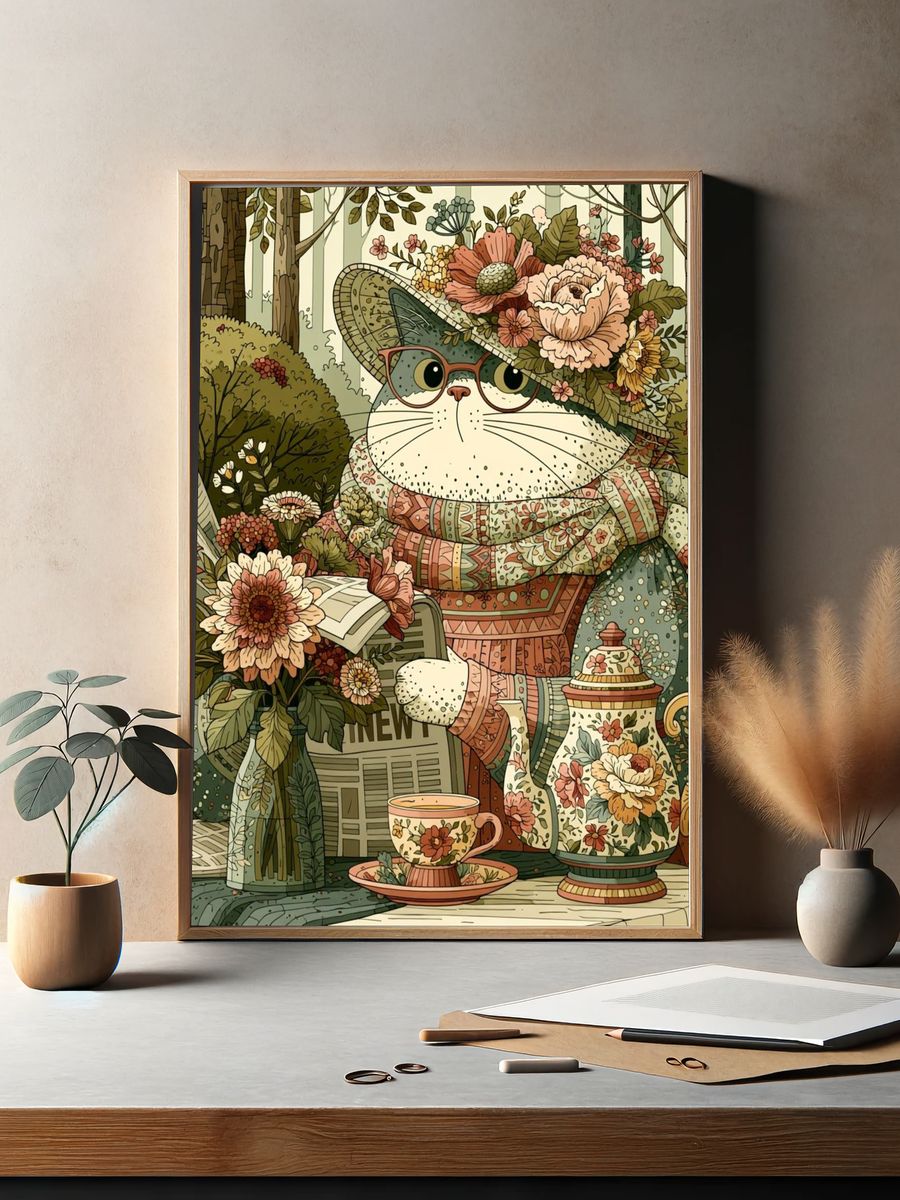 Floral Cat Tea Party Illustration Poster. — room view 2