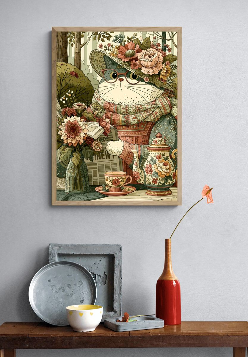 Floral Cat Tea Party Illustration Poster. — room view 3