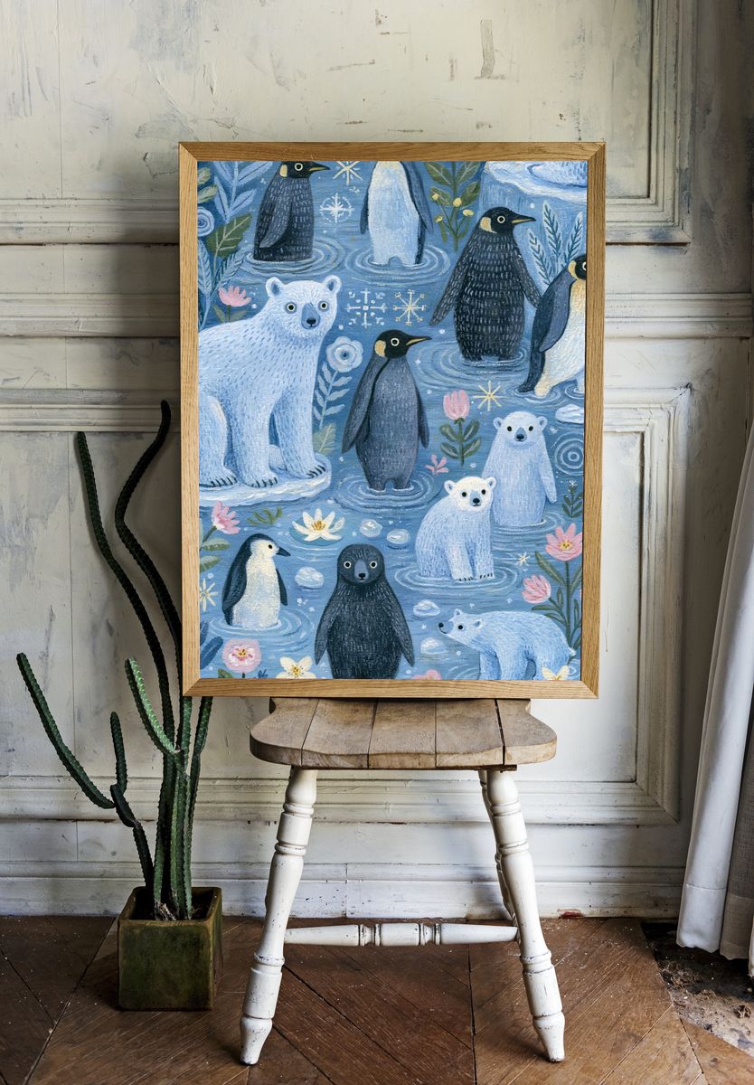 Polar Bears and Penguins Illustration Poster. room preview