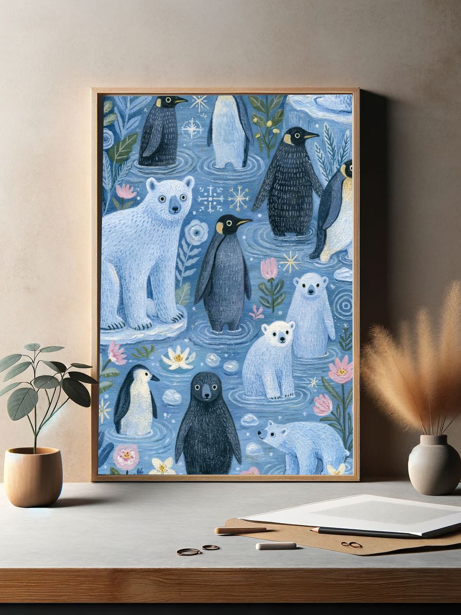 Polar Bears and Penguins Illustration Poster. — room view 2