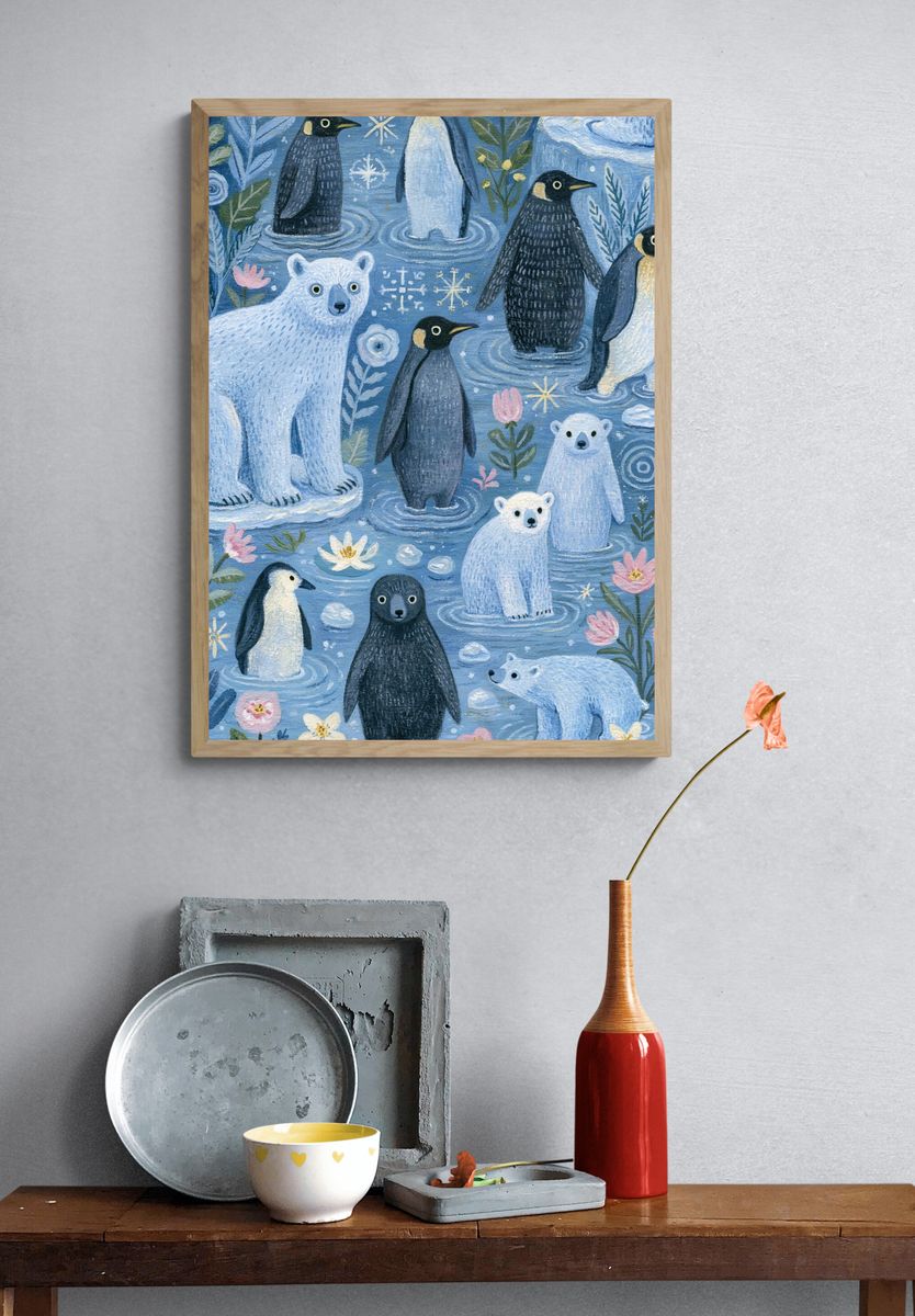 Polar Bears and Penguins Illustration Poster. — room view 3