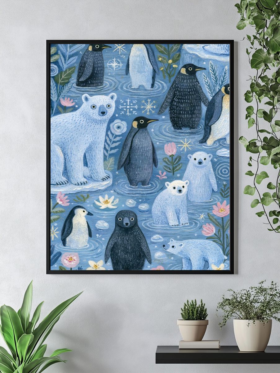 Polar Bears and Penguins Illustration Poster. — room view 4