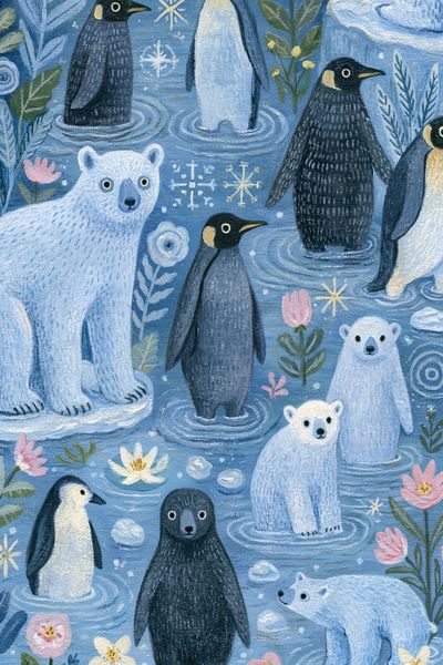 Polar Bears and Penguins Illustration Poster.