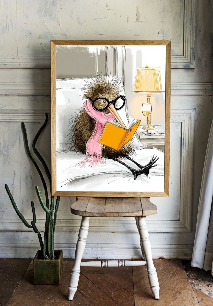 Reading Kiwi Bird Illustration Poster. — room view 1