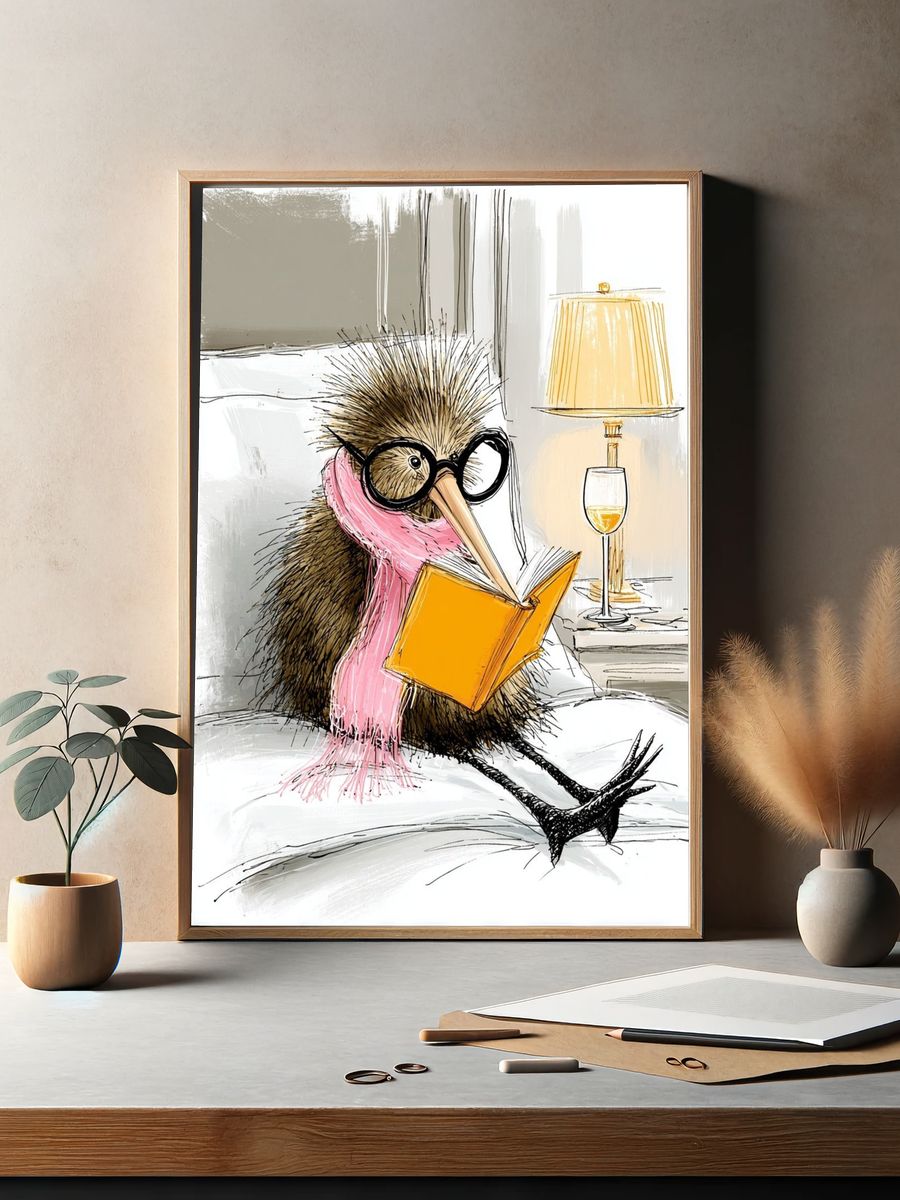 Reading Kiwi Bird Illustration Poster. — room view 2