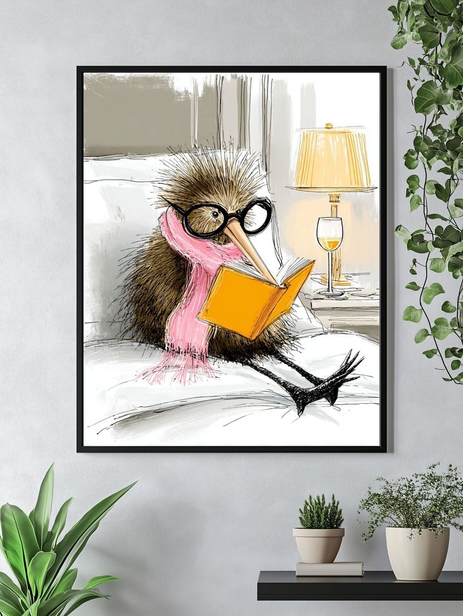 Reading Kiwi Bird Illustration Poster. — room view 4