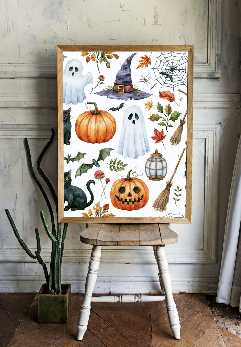 Halloween Cats and Pumpkins Illustration Poster. room preview