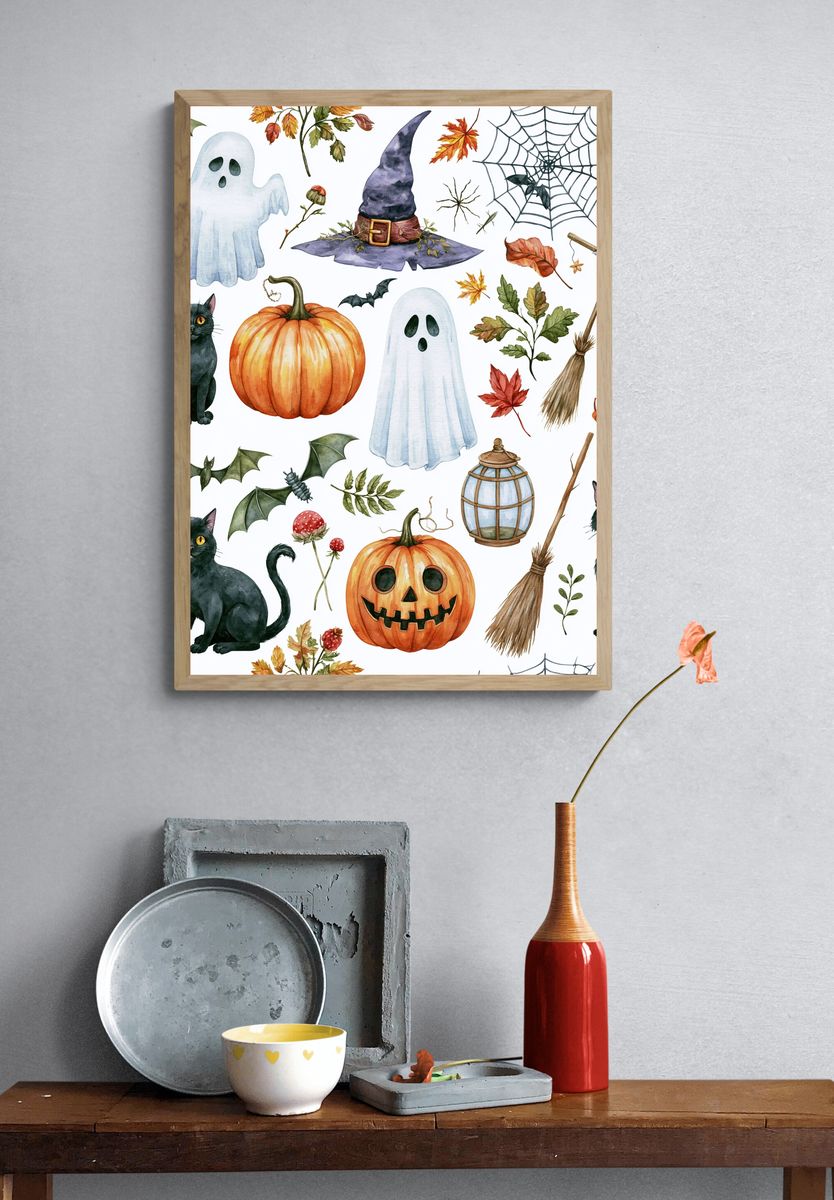 Halloween Cats and Pumpkins Illustration Poster. — room view 3