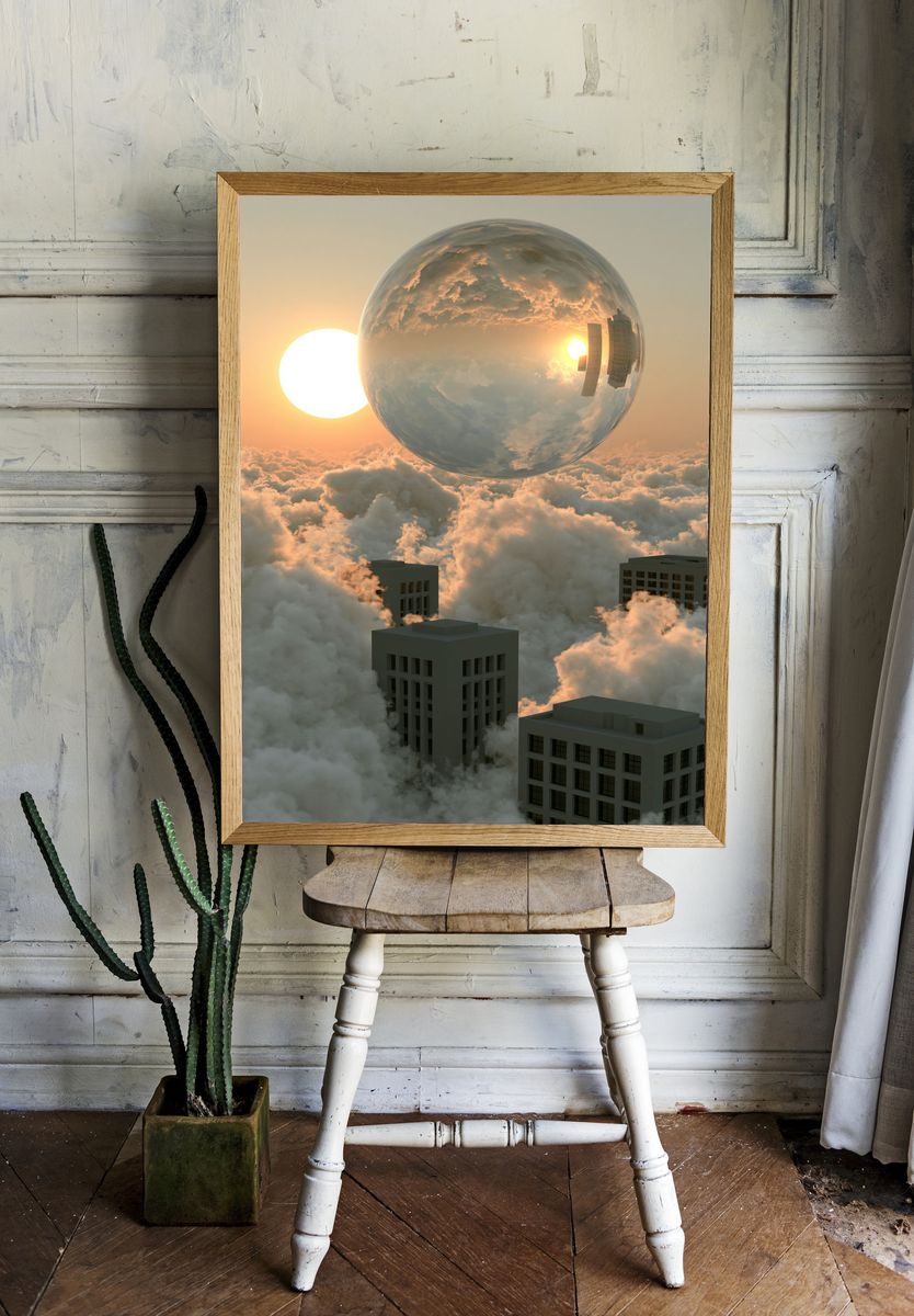 Surreal Cloud Cityscape Print. room preview