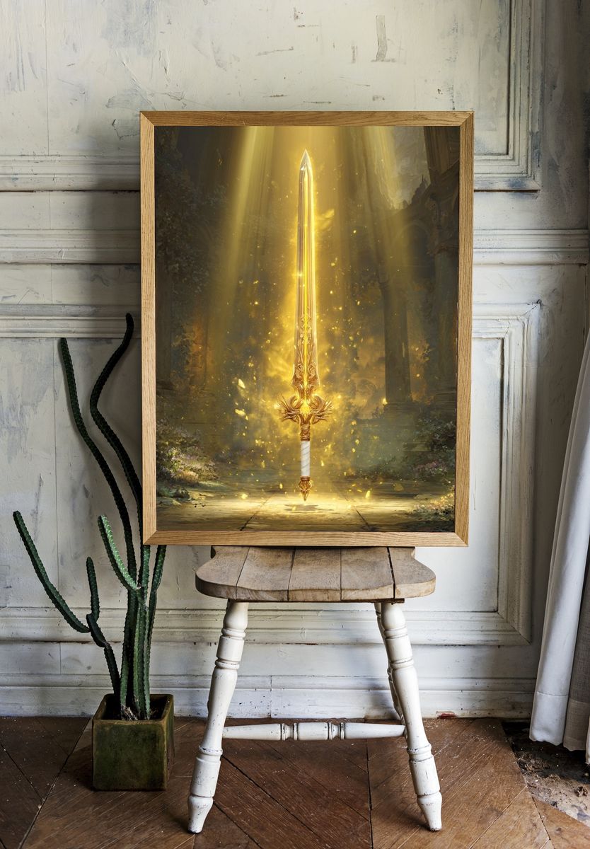 Radiant Golden Sword Fantasy Print. room preview