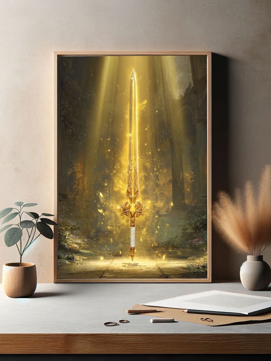 Radiant Golden Sword Fantasy Print. — room view 2