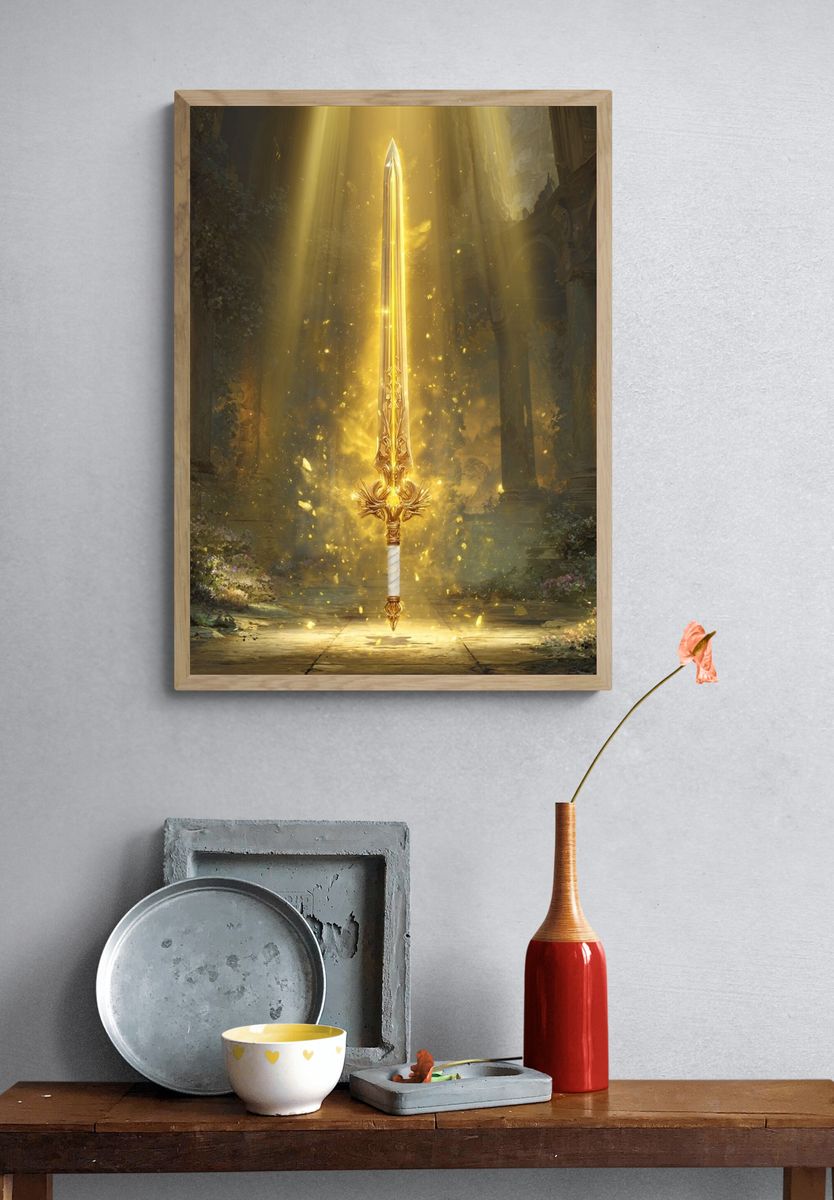 Radiant Golden Sword Fantasy Print. — room view 3