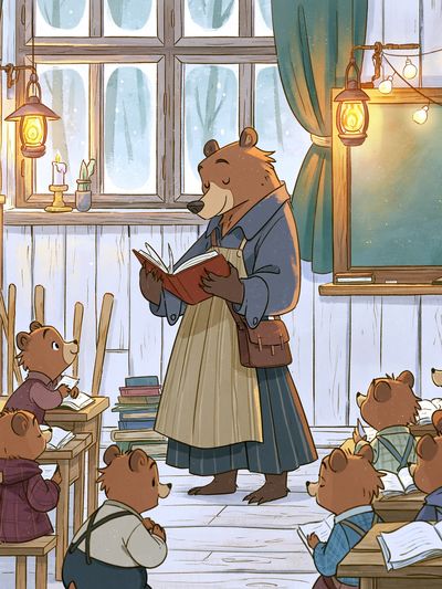 Bear Classroom Reading Illustration Poster.