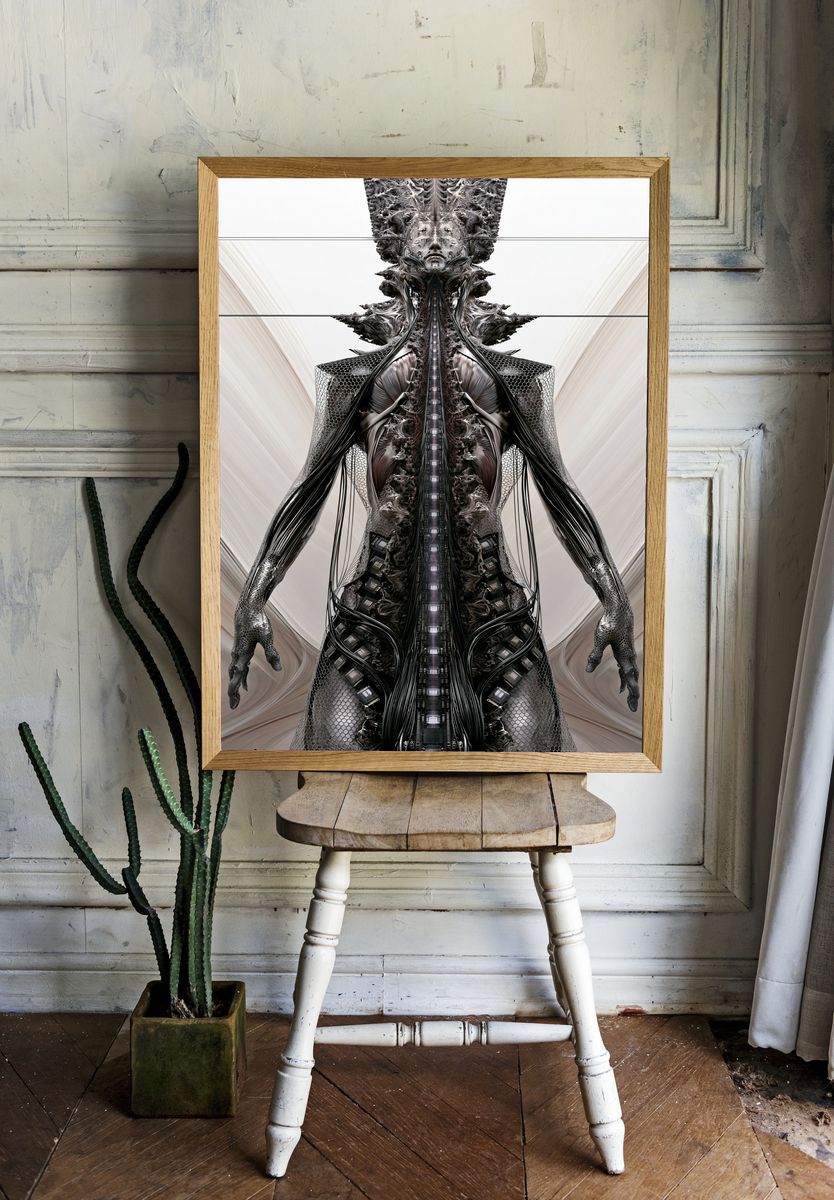 Surreal Cybernetic Figure Print. room preview