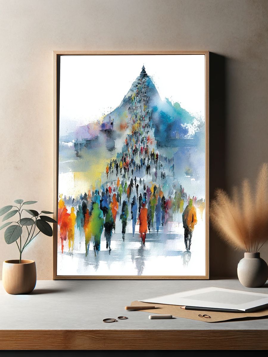 Crowd at the Pyramid Watercolor Print. — room view 2