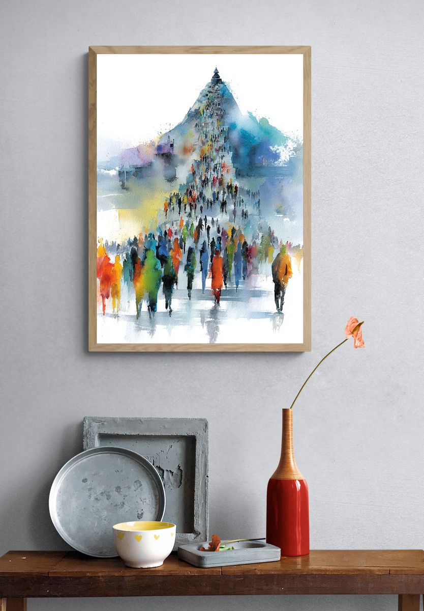Crowd at the Pyramid Watercolor Print. — room view 3