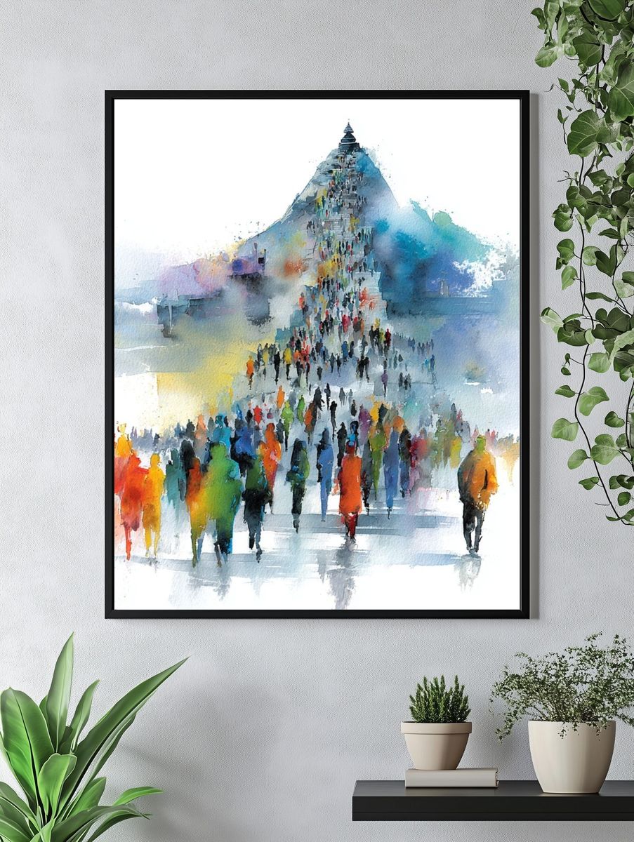 Crowd at the Pyramid Watercolor Print. — room view 4