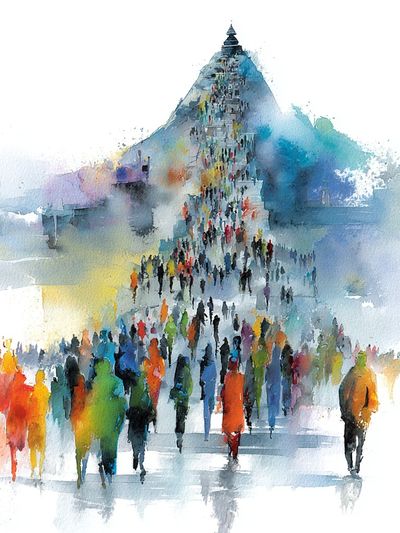 Crowd at the Pyramid Watercolor Print. poster