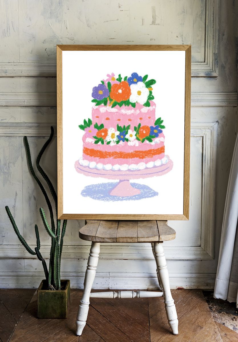 Pink Floral Cake Illustration Poster. — room view 1
