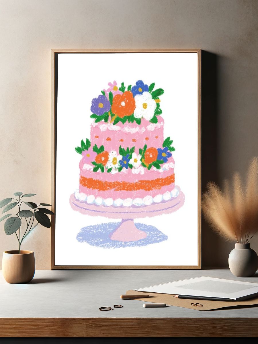 Pink Floral Cake Illustration Poster. — room view 2