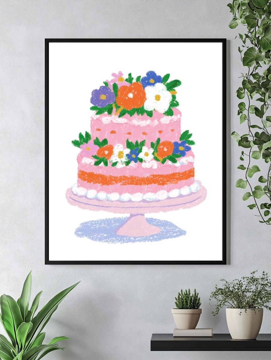 Pink Floral Cake Illustration Poster. — room view 4