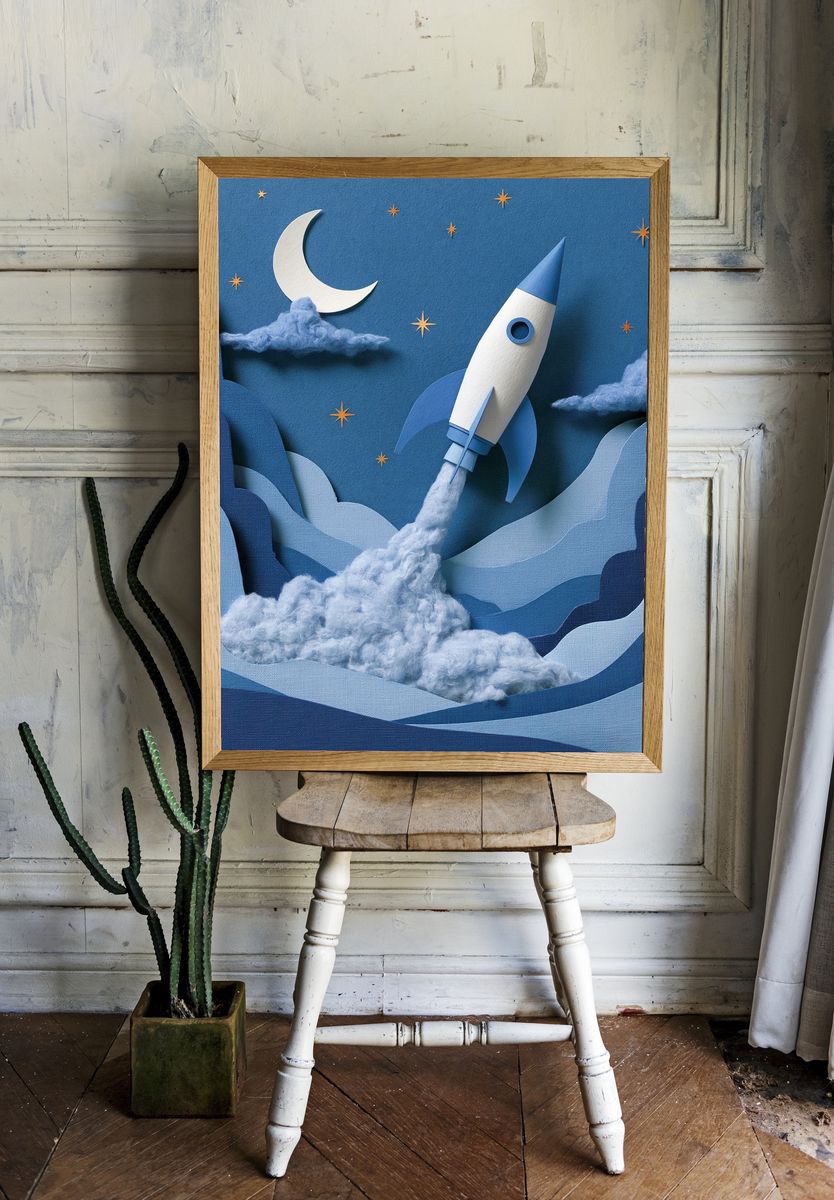 Moon Rocket Night Sky Poster. room preview