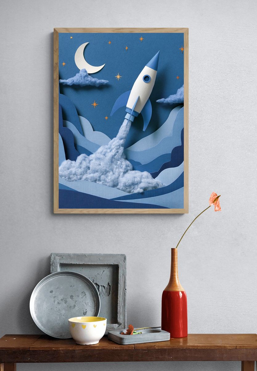 Moon Rocket Night Sky Poster. — room view 3