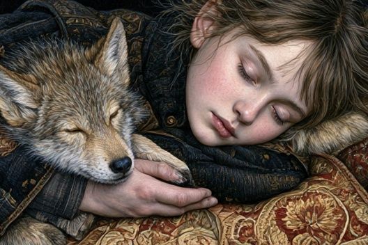 Sleeping Child and Fox Fine-Art Print. poster detail