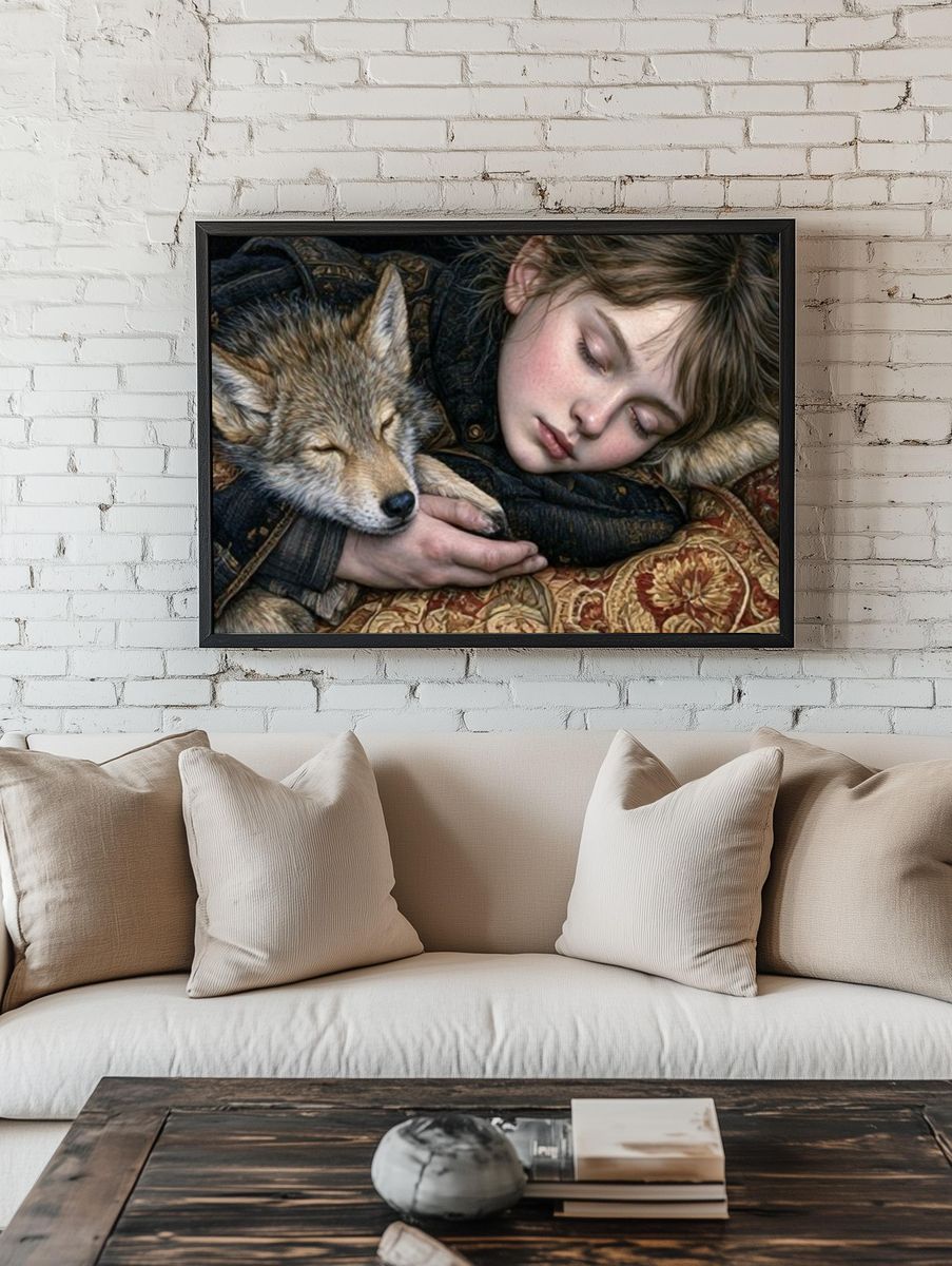Sleeping Child and Fox Fine-Art Print. room preview