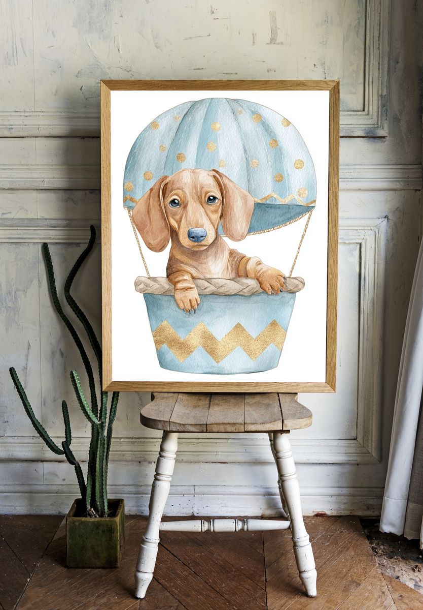 Dachshund Balloon Ride Illustration Poster. — room view 1