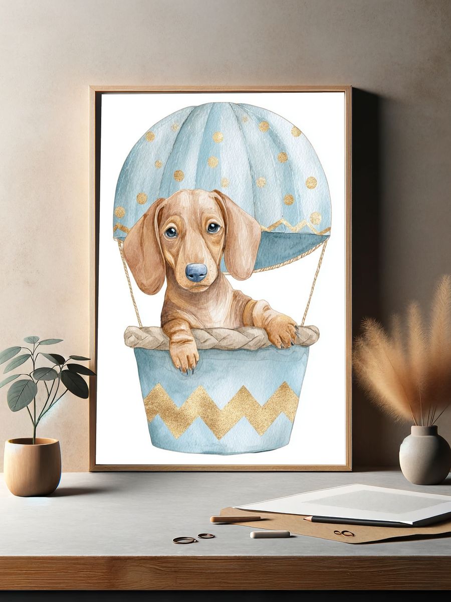 Dachshund Balloon Ride Illustration Poster. — room view 2