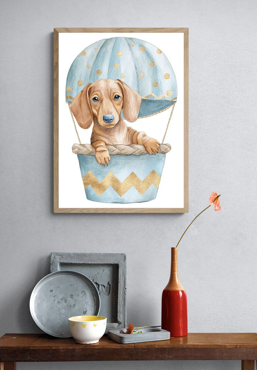 Dachshund Balloon Ride Illustration Poster. — room view 3
