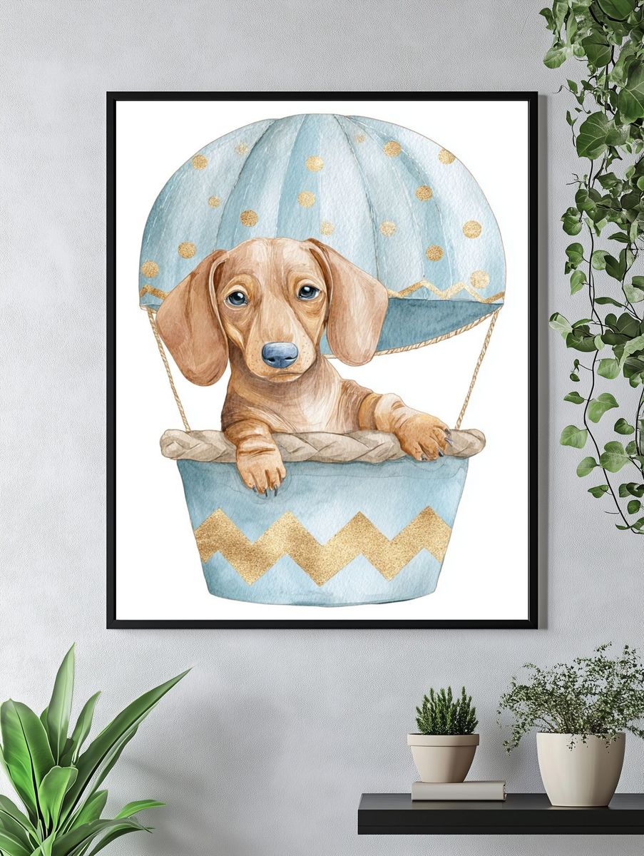 Dachshund Balloon Ride Illustration Poster. — room view 4