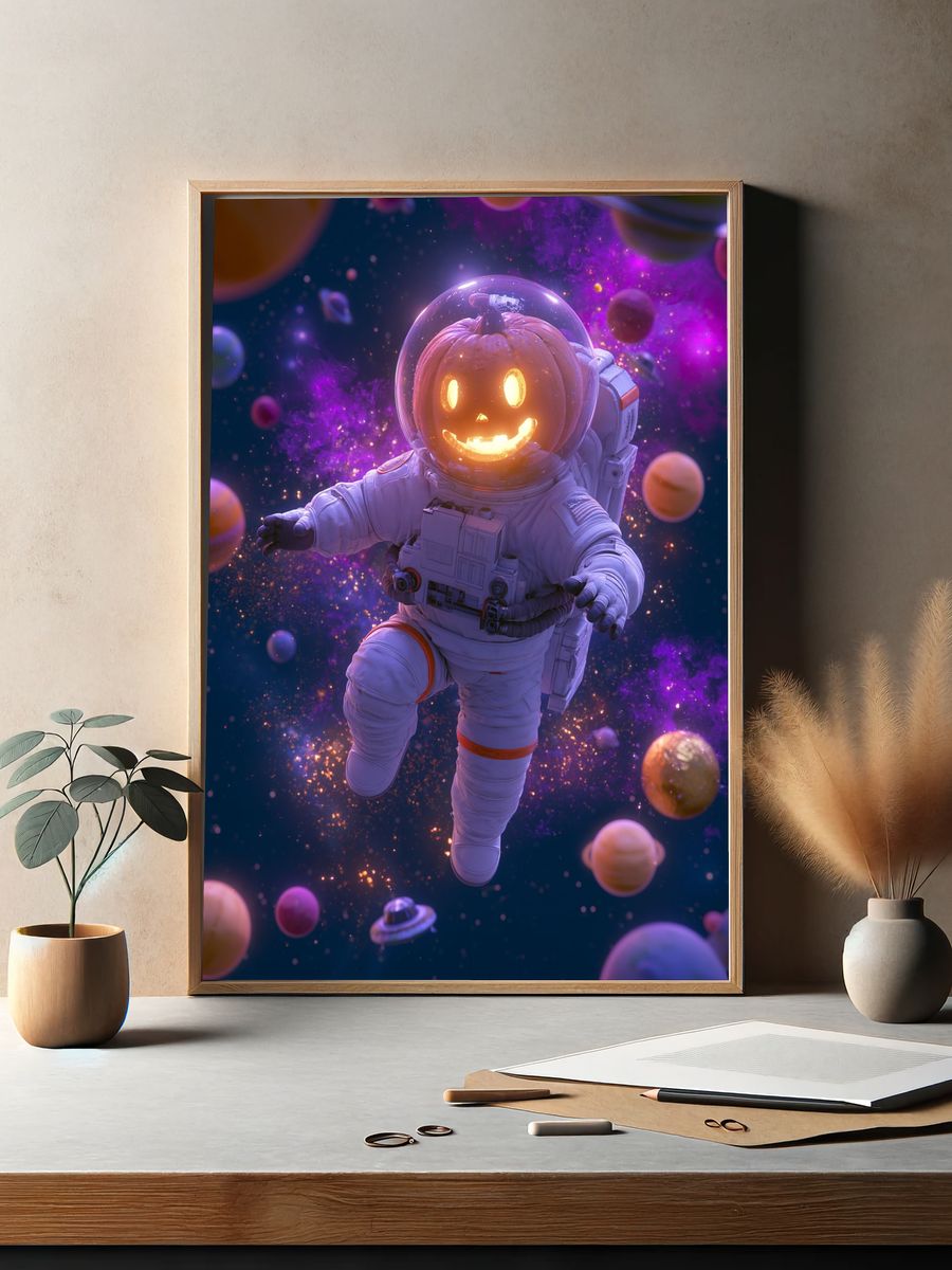 Pumpkin Astronaut Space Print. — room view 2