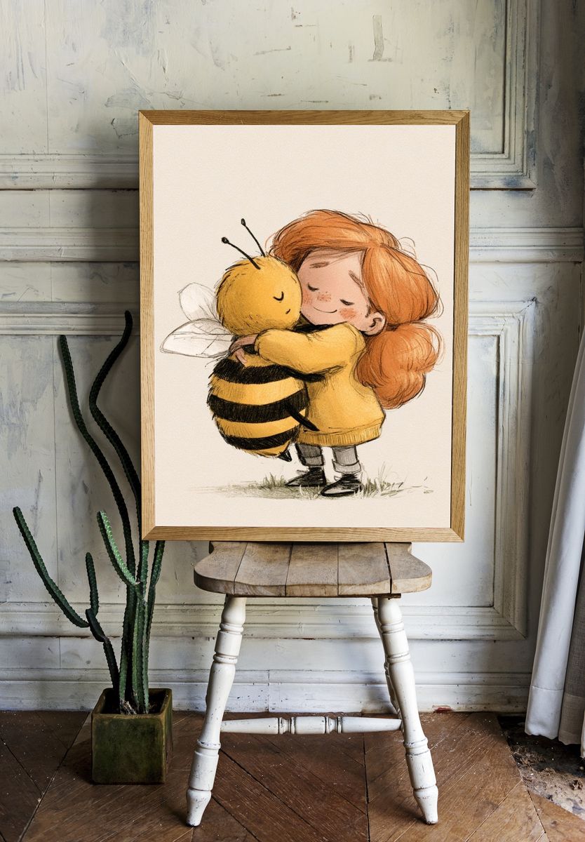 Girl and Bee Hug Illustration Poster. room preview
