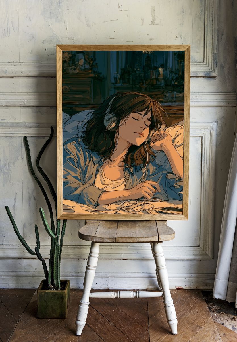 Cozy Headphones Girl Illustration Poster. room preview