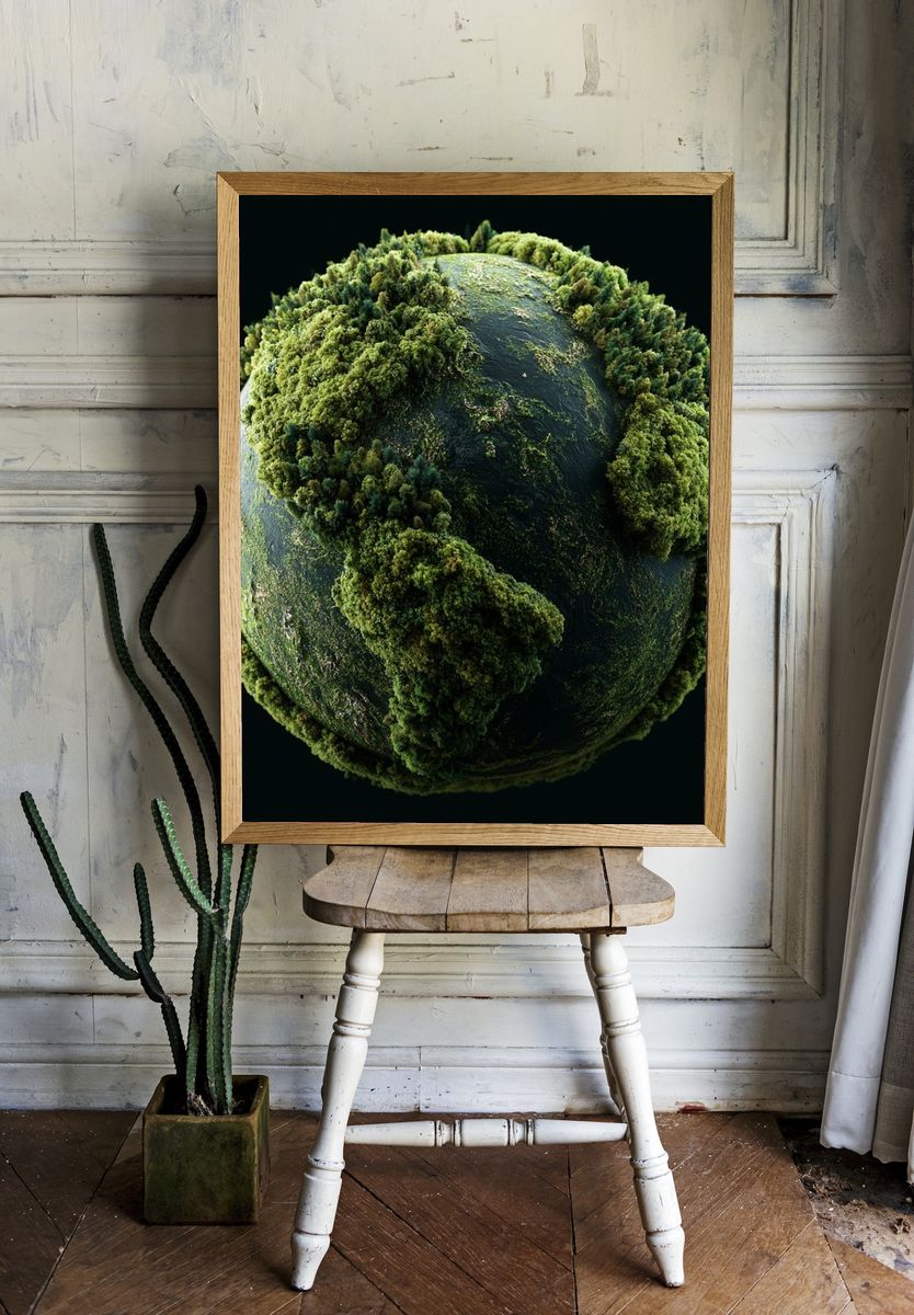 Mossy Earth Globe Illustration Poster. room preview