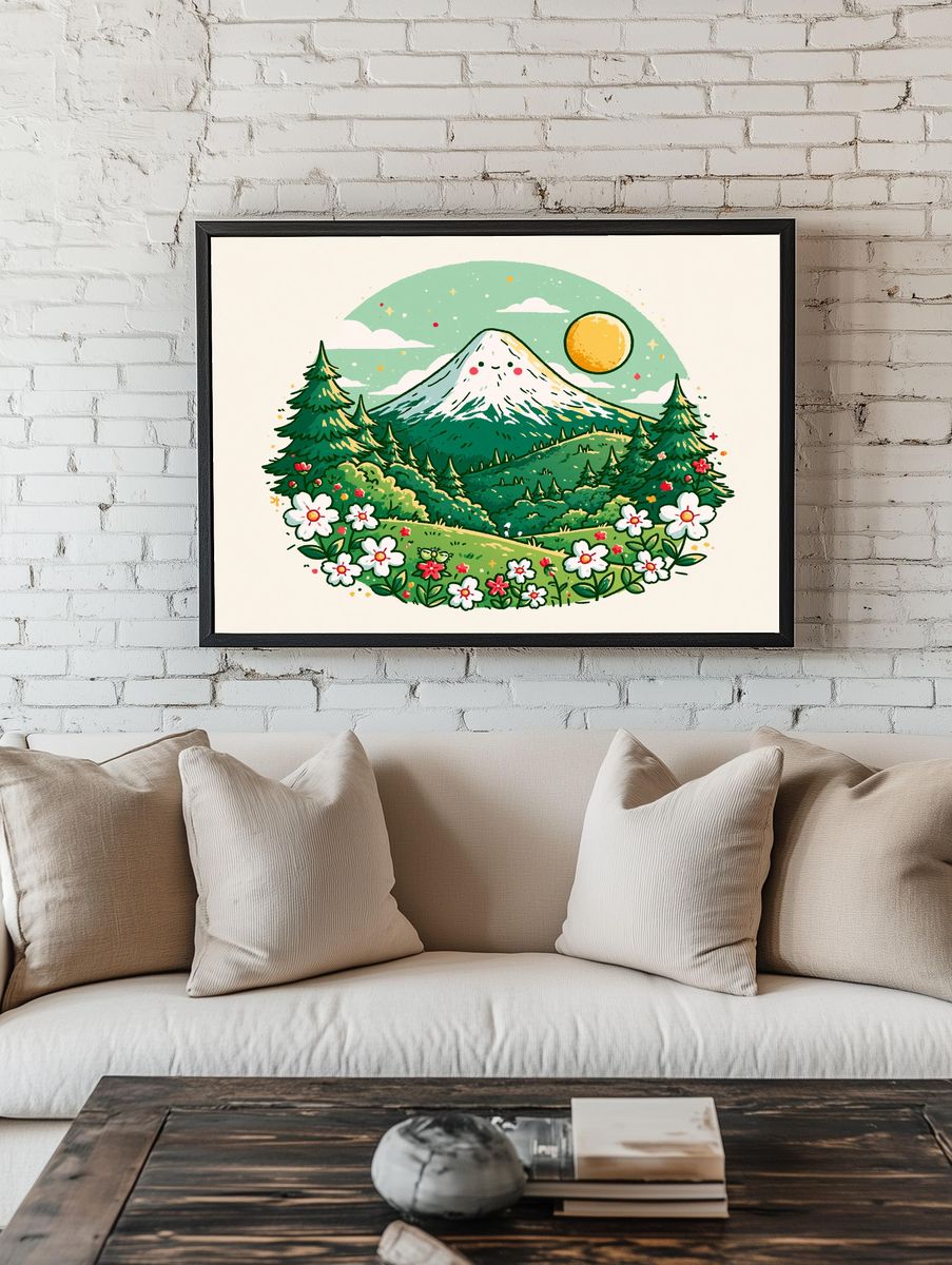 Whimsical Mountain Landscape Print. room preview