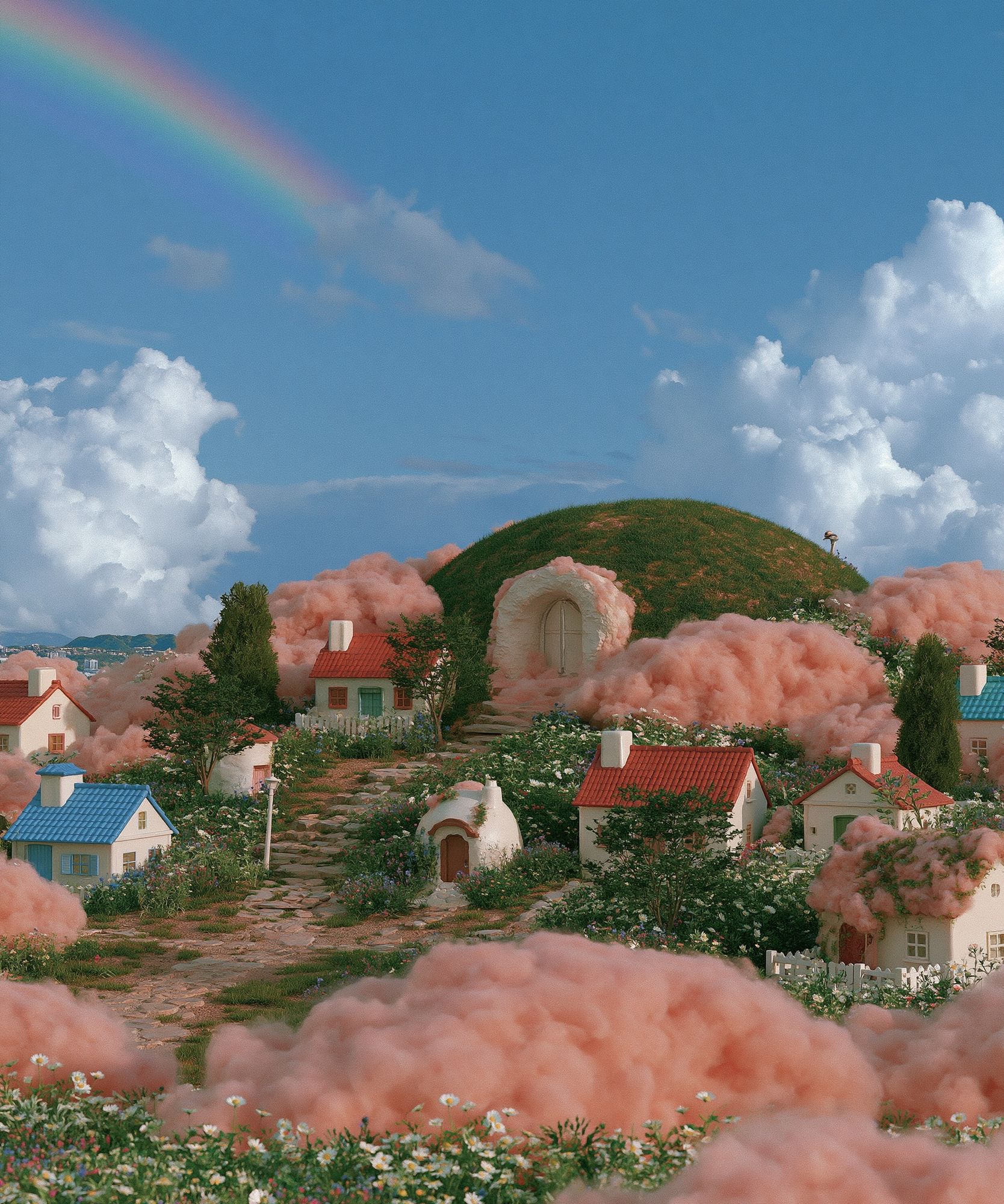 Dreamy Cloud Village Illustration Print. poster detail