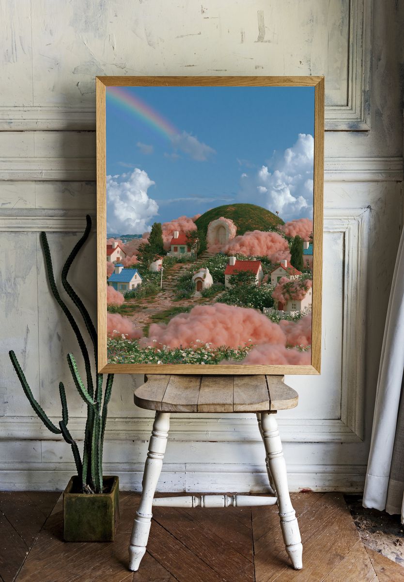 Dreamy Cloud Village Illustration Print. room preview