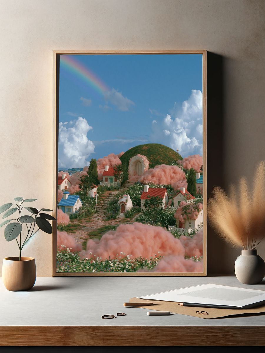 Dreamy Cloud Village Illustration Print. — room view 2
