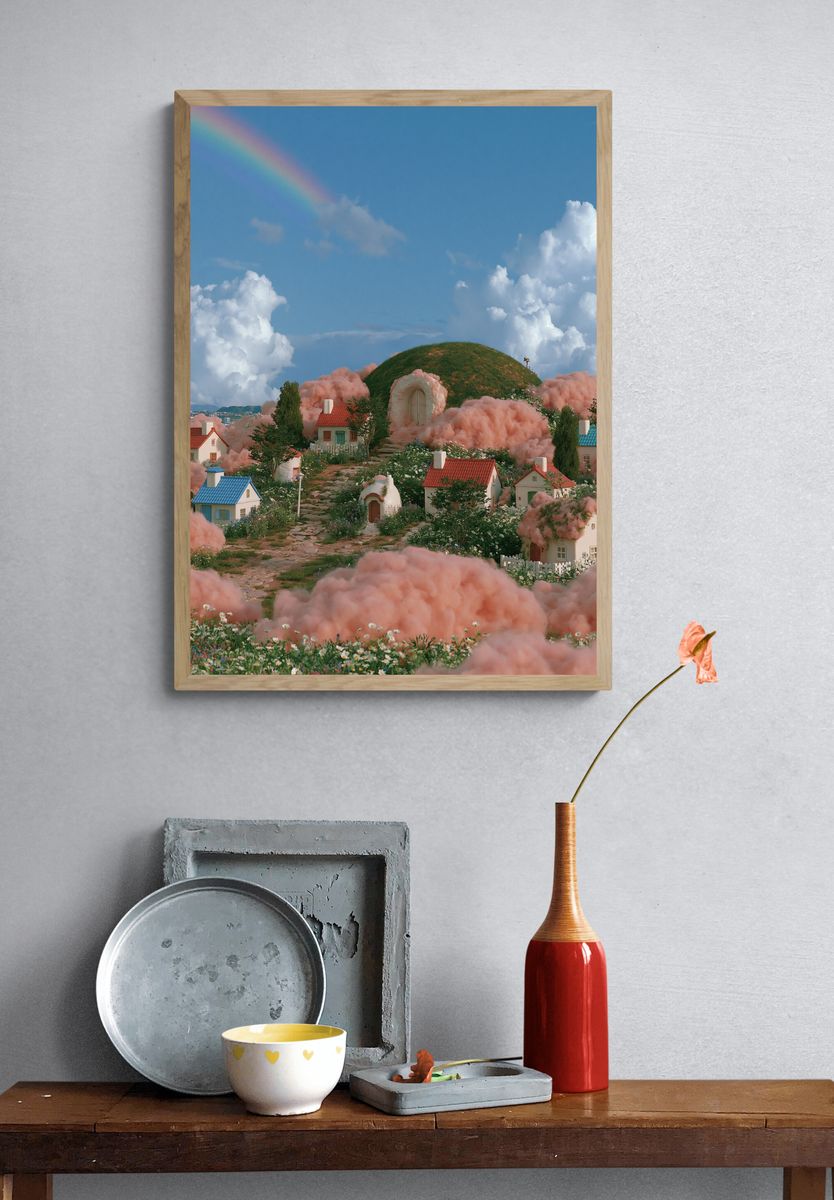 Dreamy Cloud Village Illustration Print. — room view 3