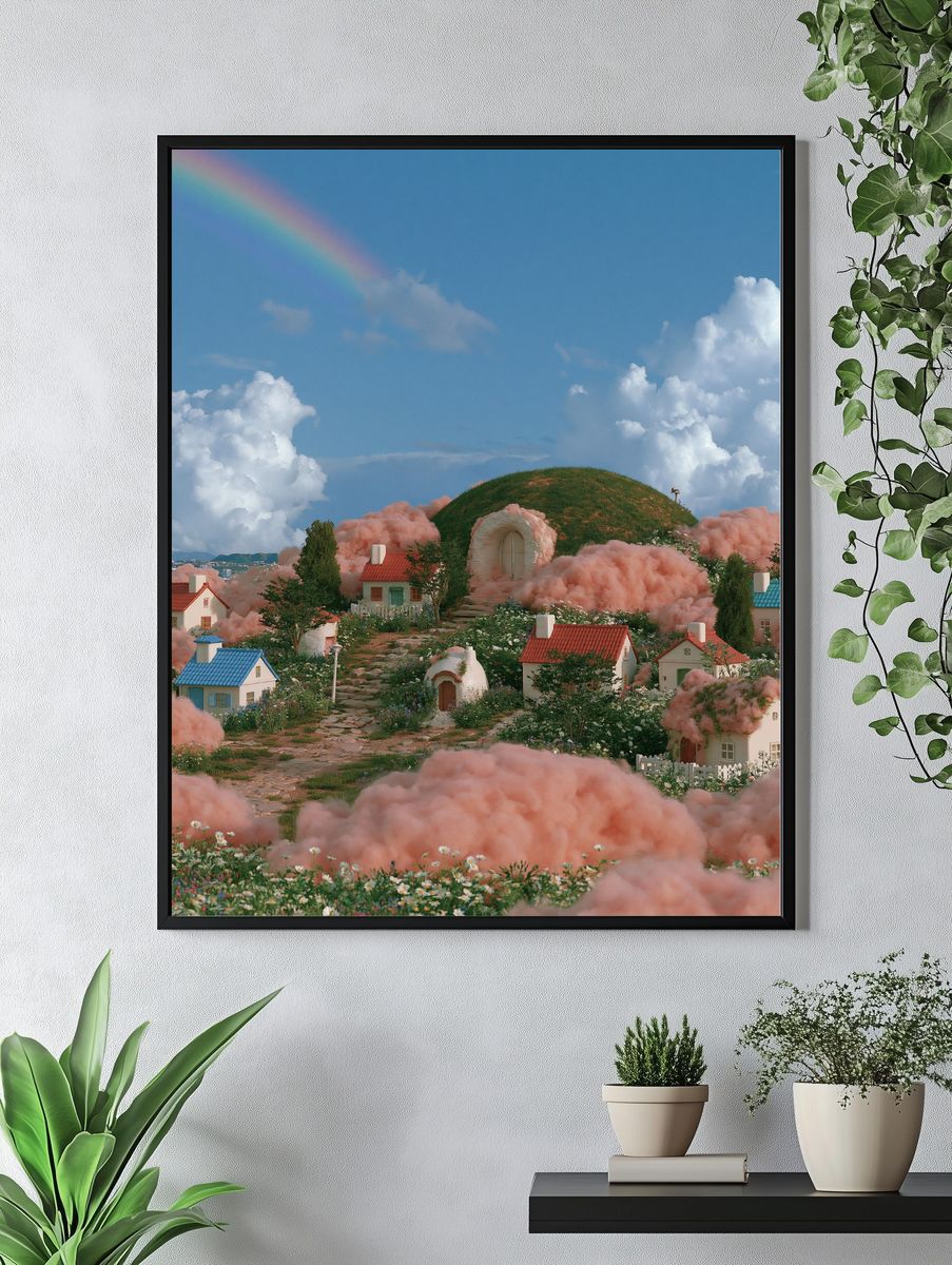 Dreamy Cloud Village Illustration Print. — room view 4